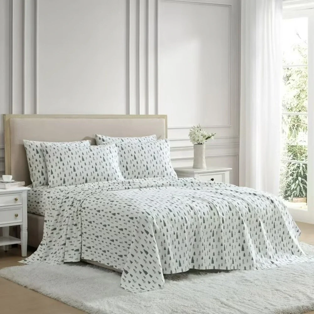 Lenox 6-Piece 100% Cotton Flannel Sheet Set Queen Pine Trees Green White Holiday